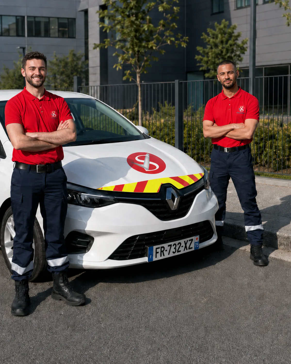 Deux agents de sécurité mobile VIGI devant leur véhicule d’intervention